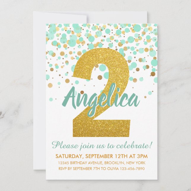 Chic 2:a födelsedag Mint Grönt Guld Glitter Konfet Inbjudningar (Framsida)