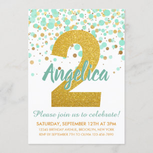 Chic 2:a födelsedag Mint Grönt Guld Glitter Konfet Inbjudningar