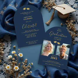 Chic 2-Photo Twins Graduation Fake Golden Blue Inbjudningar