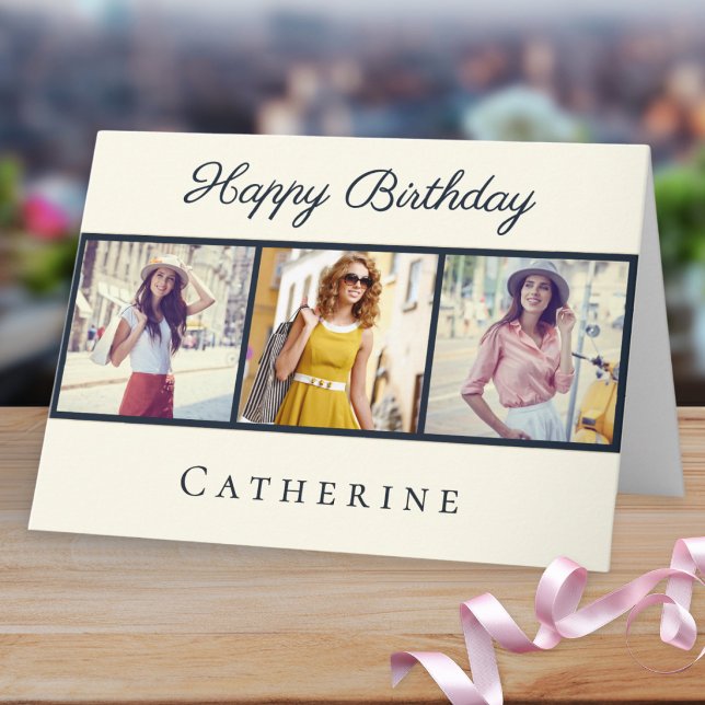Chic 3 Foto Collage Elegant Script Födelsedag Kort (A personalized birthday card in cream with custom collage of 3 photos and elegant typography)