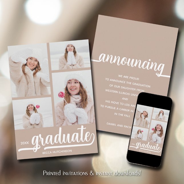 Chic 4 Foto Examen Meddelande (Chic 4 photo taupe-beige graduation announcements)