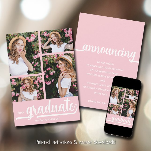 Chic 4 Foto Studenten Meddelande (Chic 4 photo collage pink graduation announcements)