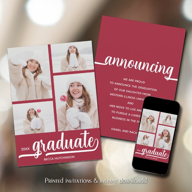 Chic 4 Fotobrott Red Studenten Meddelande (Chic 4 Photo Crimson Red Graduation Announcements)