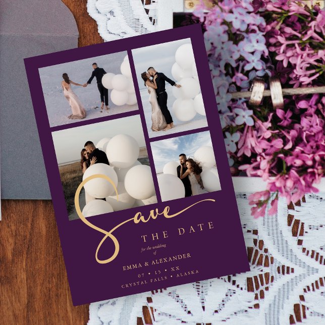 Chic 4 Multi Photos Collage Wedding Purple & Gold  Spara Datumet (Chic 4 Multi Photos Collage Wedding Purple & Gold Save The Date Card.)