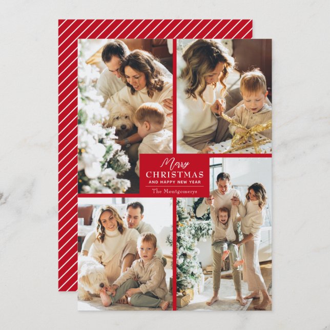 Chic 4 Photo Collage Red Merry Christmas Julkort (Fram/baksida)