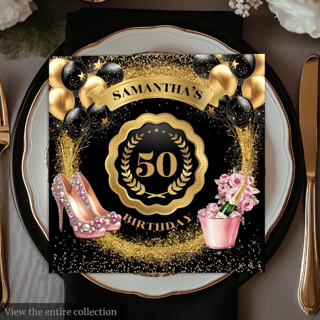 Chic 50 dagars svarta ballonger Guld Glitter Pappersservett (Chic 50th Birthday Black Balloons Gold Glitter Napkins)