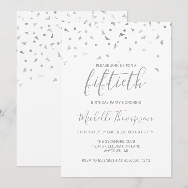 Chic 50:e Födelsedagsfesten Silver confetti-inbjud Inbjudningar (Fram/baksida)