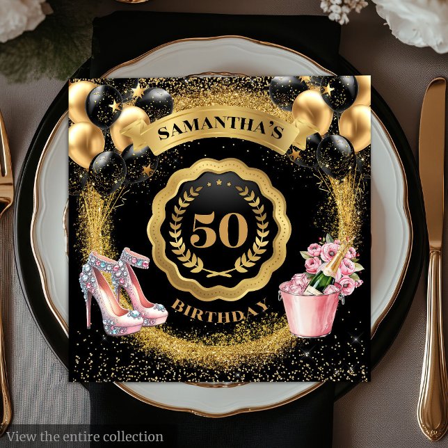 Chic 50:e födelsedagstidningen Napkins Black Ballo Pappersservett (Glamorous Gold Balloons Napkins with Blush High Heels

)