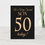 Chic 50:e Guld-effekten på Black, Son Birthday Kort<br><div class="desc">Ett 50-dagars chic kort för en "mycket Speciell son",  med 50 siffror bestående av guld-effektnummer och ord "Son",  i guld,  på svart bakgrund. Det inre budskapet,  som man kan ändra om man vill,  är "Grattis på födelsedagen"</div>