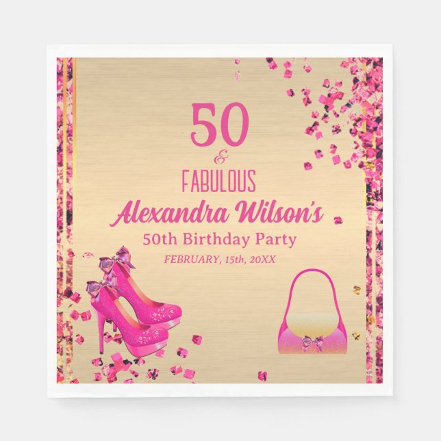 Chic 50& Fabulösa Högklackar Guld Shock rosa Glitt Pappersservett (Framsidan)