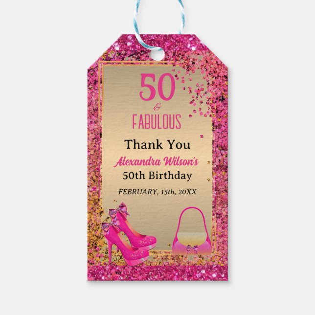 Chic 50& Fabulösa Högklackar Guld Shock rosa Glitt Presentetikett (Framsidan)