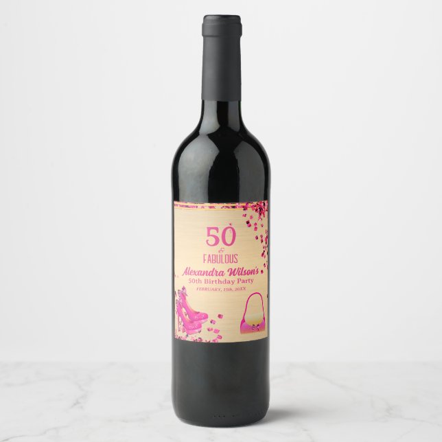 Chic 50& Fabulösa Högklackar Guld Shock rosa Glitt Vinflaska Etikett (Framsida)