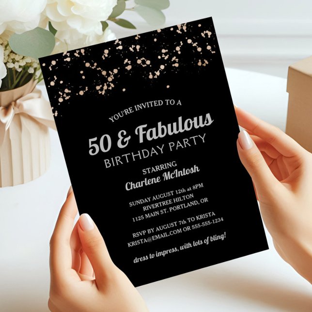 Chic 50 & Fabulous Black Guld Silver 50:e födelsed Inbjudningar (Skapare uppladdad)