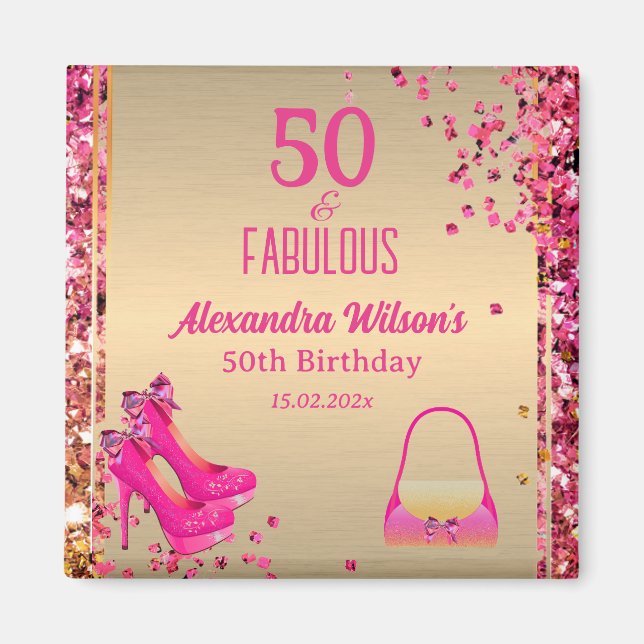 Chic 50 & Fabulous Högklackar Guld Rosa Glittery Magnet (Framsidan)