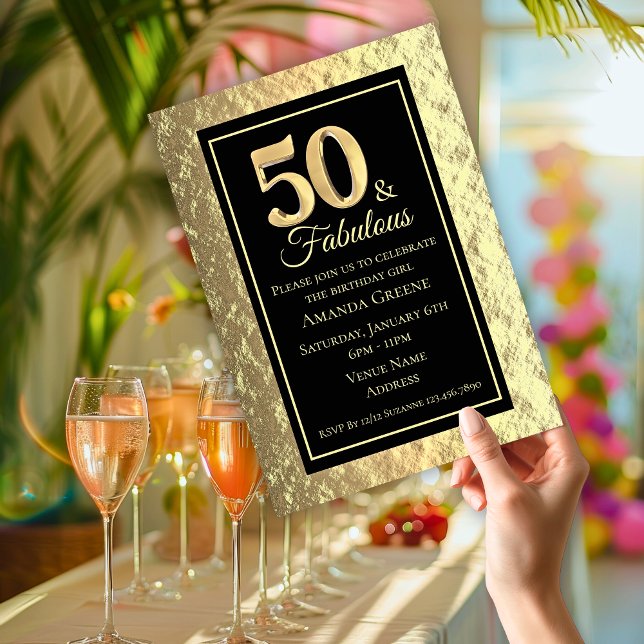 Chic 50 & Fantastisk Guld Födelsedagsfest Inbjudningar (Please Note: The foil elements are simulated and no foil will be used in the making of this product.)