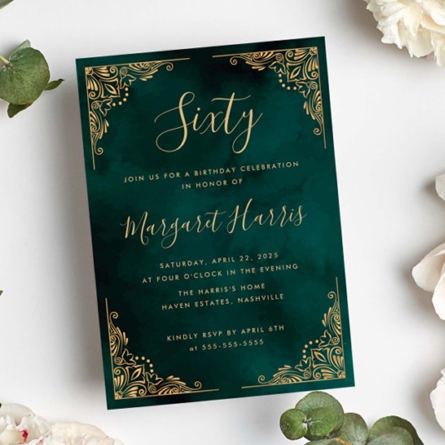Chic 60:e födelsedag i Grönten Guld Ram Inbjudningar (Skapare uppladdad)
