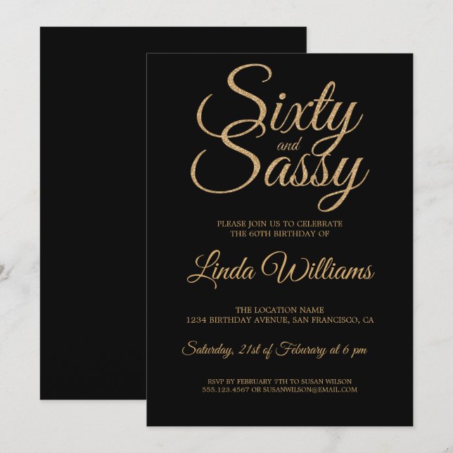 Chic 60 och Sassy Black Guld 60:e Födelsedagsfeste Inbjudningar (Fram/baksida)