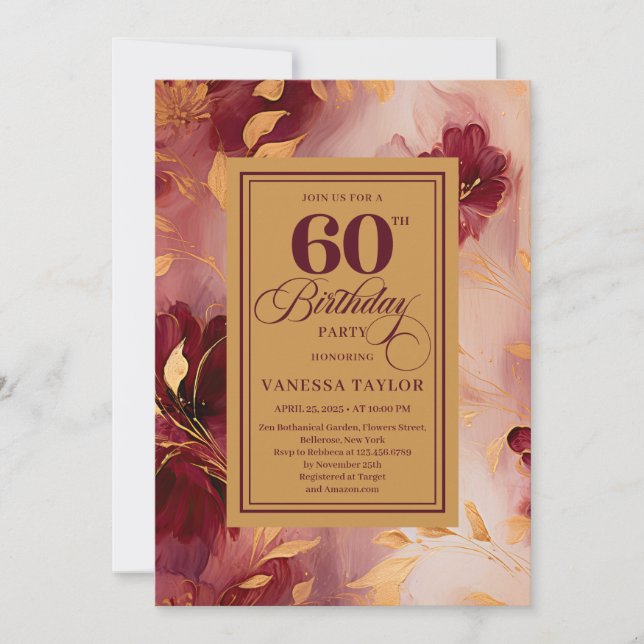 Chic 60th Birthday Marsala Blush Gold Boho Invite Inbjudningar (Framsida)
