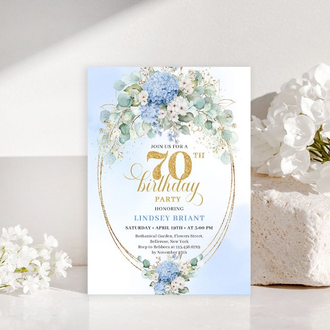 Chic 70th Birthday Pastel Blue Hydrangea Invites Inbjudningar (Chic 70th Birthday Pastel Blue Hydrangea Invitation)