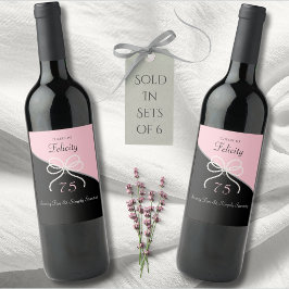 Chic 75-årsfirande Pink and Black Födelsedagsfiran Vinflaska Etikett