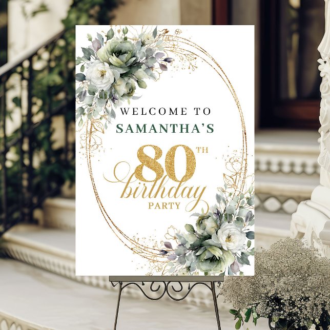 Chic 80-års eukalyptusblad välkomstaffisch poster (Chic 80th Eucalyptus Foliage Welcome Poster)