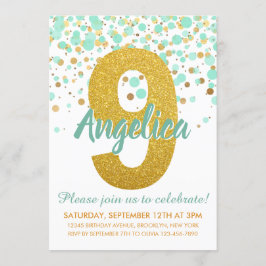 Chic 9:e födelsedagen Mint Grönt Guld Glitter Konf Inbjudningar