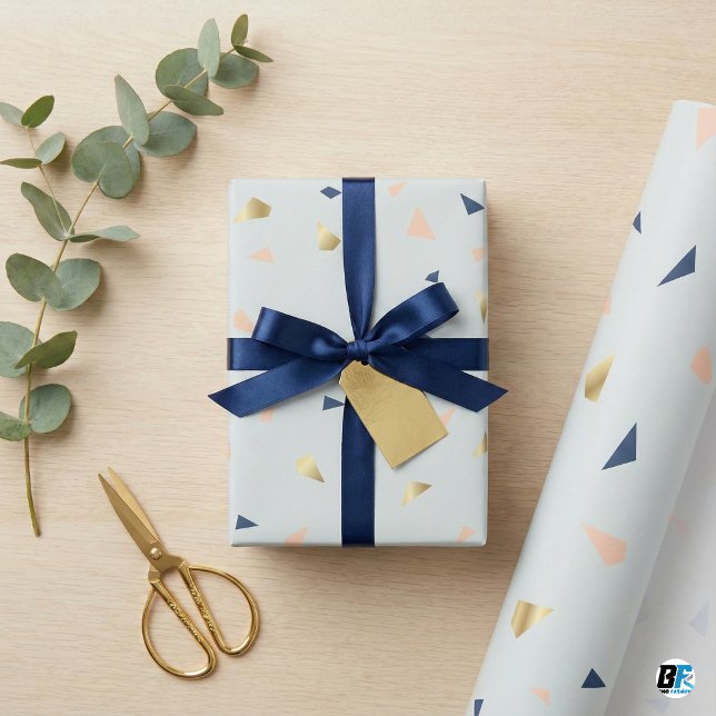 Chic Abstract Terrazzo Faux Gold Foil & Navy Blue  Presentpapper (Skapare uppladdad)