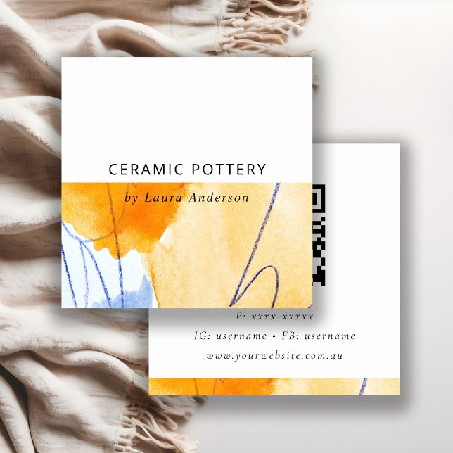 Chic Abstrakt Artistisk Gult Blue Art QR-kod Fyrkantigt Visitkort (Skapare uppladdad)