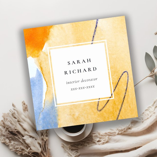 Chic Abstrakt Konstnärlig Gult Blåfärgskonst Fyrkantigt Visitkort (Skapare uppladdad)