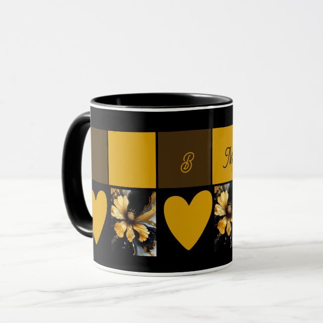 chic abstrakt svart guld blommigt mugg (Framsida vänster)