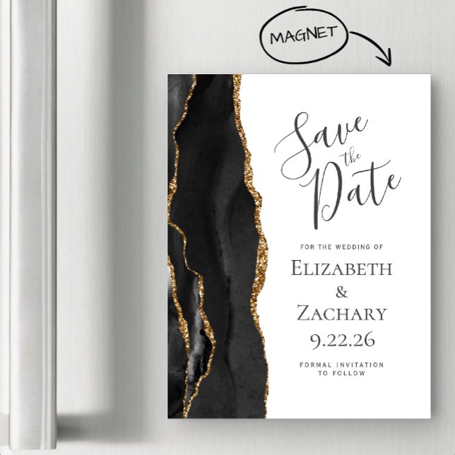 Chic Agate Black Guld Magnetic Save Date (Skapare uppladdad)