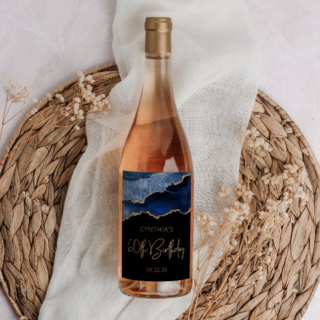 Chic Agate Geode Blue Guld 60:e Födelsedagsfesten Vinflaska Etikett (Skapare uppladdad)