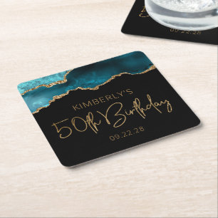 Chic Agate Geode Teal Guld 50:e Födelsedagsfesten Underlägg Papper Kvadrat
