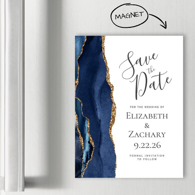 Chic Agate Navy Blue Guld Magnetic Save Date (Skapare uppladdad)