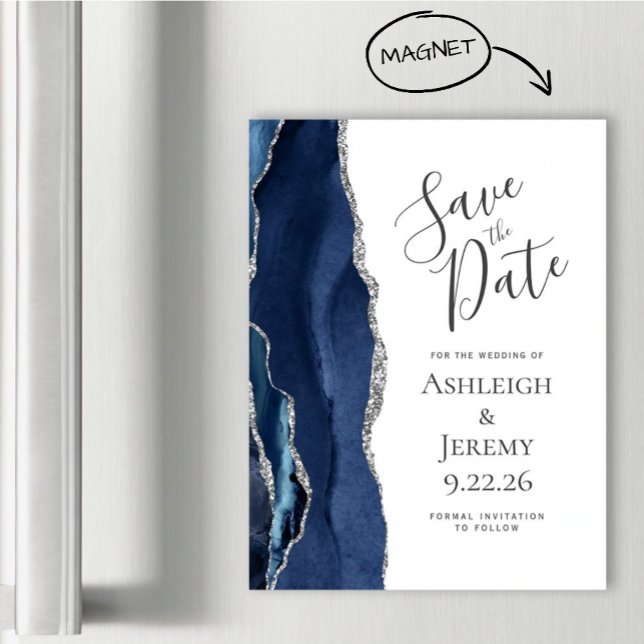 Chic Agate Navy Blue Silver Magnetic Save Date (Skapare uppladdad)