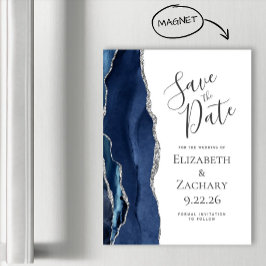 Chic Agate Navy Blue Silver Magnetic Save Date