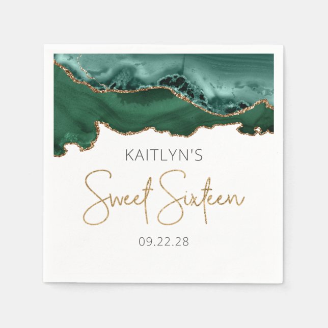 Chic Agate Smaragdgrön Guld Sweet 16 Födelsedag Pappersservett (Framsidan)