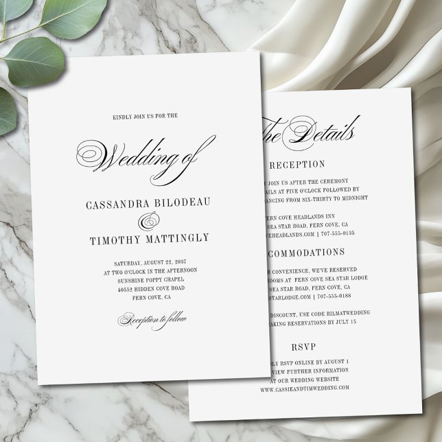 Chic, allt-i-ett-svartvit skript Bröllop Inbjudningar (All-in-one version of elegant romantic script wedding invitation with customizable details on back)