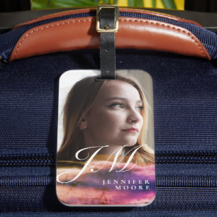 Chic Anpassningsbar Lila  Rosa Foto Monogrammad Bagagebricka