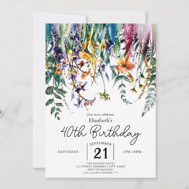 Chic Anpassningsbar Wildblommor 40-årsdag Inbjudningar (Framsida)