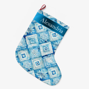 Chic Aqua Blue Batik Blommigt jul Namn Stor Julstrumpa