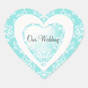 Chic Aqua Blue Damask Heart Bröllop Sticker Hjärtformat Klistermärke