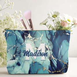 chic aqua blue marble faux guld glitter monogram