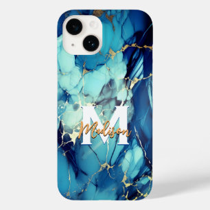 chic aqua blue marble faux guld glitter monogram