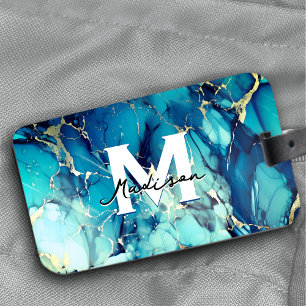 chic aqua blue marble faux guld glitter monogram bagagebricka
