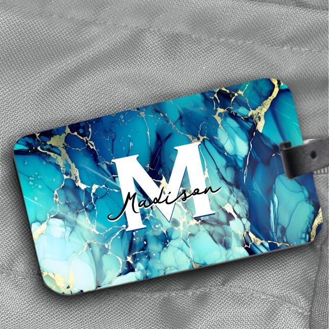 chic aqua blue marble faux guld glitter monogram bagagebricka (Skapare uppladdad)