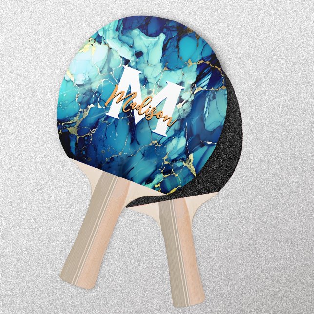 chic aqua blue marble faux guld glitter monogram pingisracket (Skapare uppladdad)