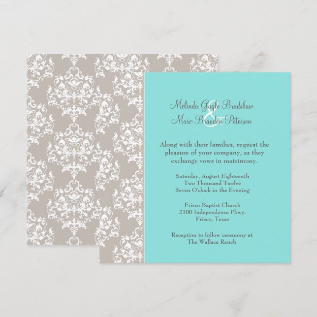 Chic Aqua Blue och Taupe Damask bröllopsinbjudan Inbjudningar (Fram/baksida)