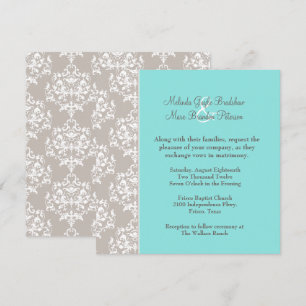 Chic Aqua Blue och Taupe Damask bröllopsinbjudan Inbjudningar