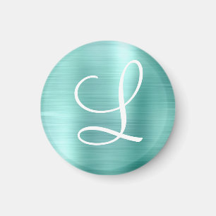 Chic Aqua Brushed Metall White Monogram Magnet